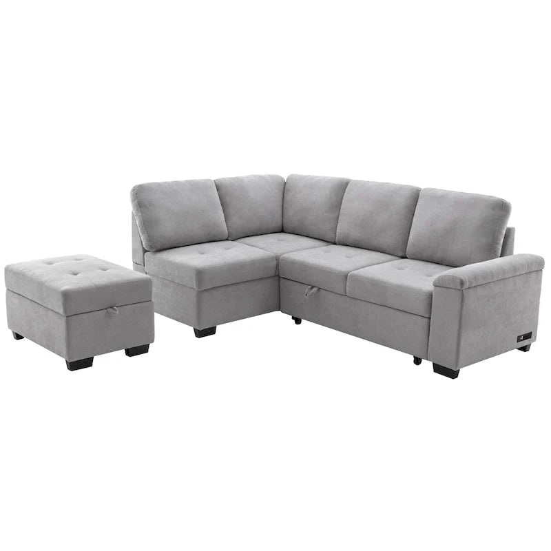 Canapé sectionnel 84.75 en forme de L 5 places avec lit escamotable, ottoman de rangement, rangement d'accoudoir dissimulé & charge USB