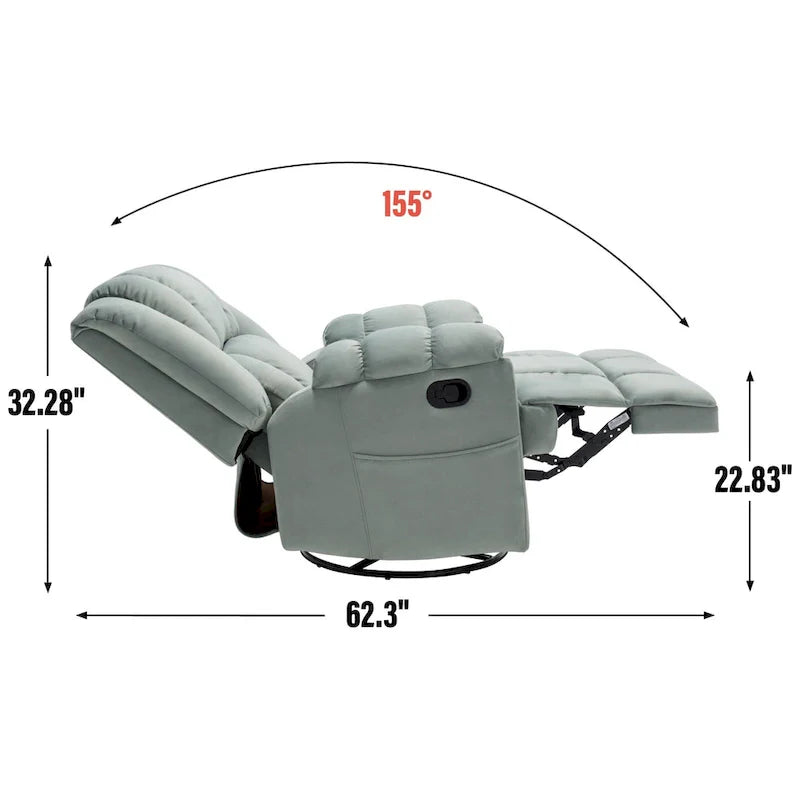 Fauteuil inclinable vert surdimensionné en tissu avec pivotement à 360°, fonction bascule et commandes manuelles pour un confort maximal