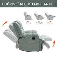 Fauteuil inclinable vert surdimensionné en tissu avec pivotement à 360°, fonction bascule et commandes manuelles pour un confort maximal