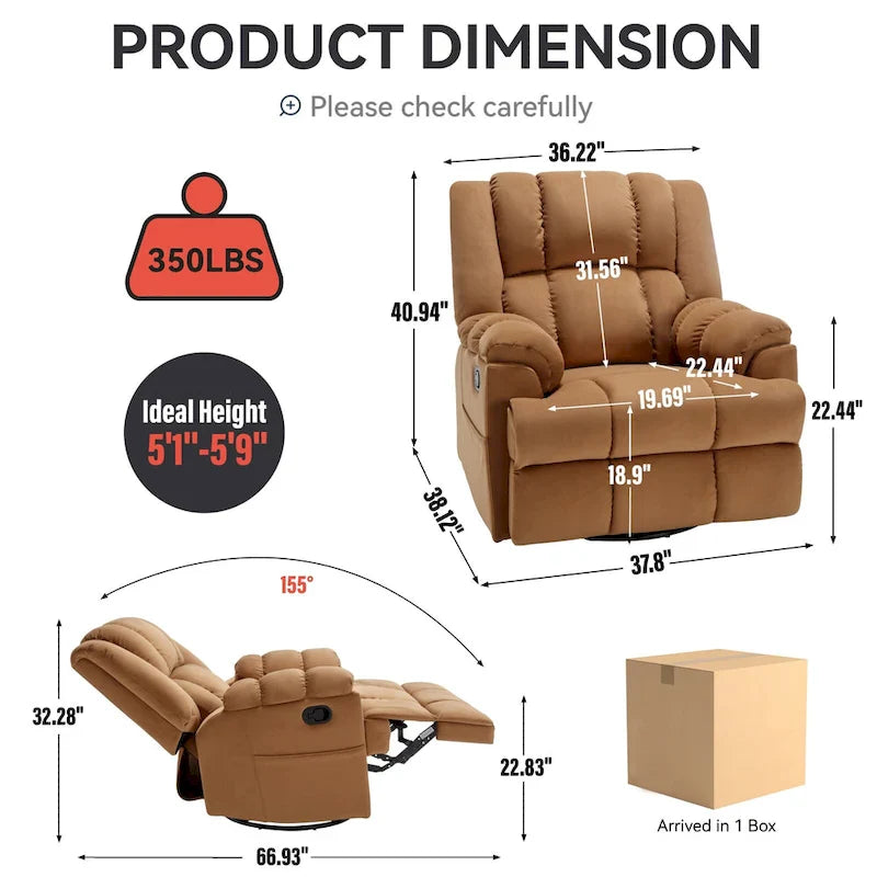 Fauteuil inclinable vert surdimensionné en tissu avec pivotement à 360°, fonction bascule et commandes manuelles pour un confort maximal