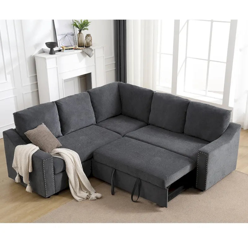 Canapé sectionnel en L 5 places de 81,5 po avec lit escamotable et 6 coussins, divan d'angle multifonction pour le salon