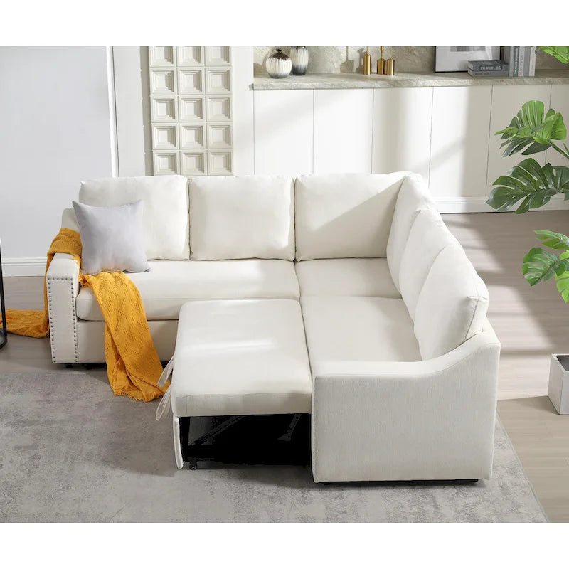 Canapé sectionnel en L 5 places de 81,5 po avec lit escamotable et 6 coussins, divan d'angle multifonction pour le salon