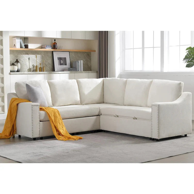 Canapé sectionnel en L 5 places de 81,5 po avec lit escamotable et 6 coussins, divan d'angle multifonction pour le salon