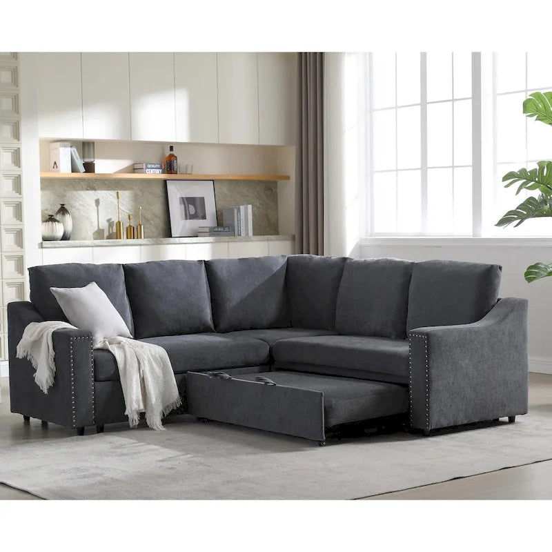 Canapé sectionnel en L 5 places de 81,5 po avec lit escamotable et 6 coussins, divan d'angle multifonction pour le salon