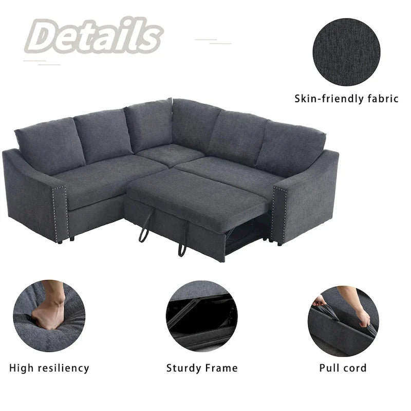 Canapé sectionnel en L 5 places de 81,5 po avec lit escamotable et 6 coussins, divan d'angle multifonction pour le salon