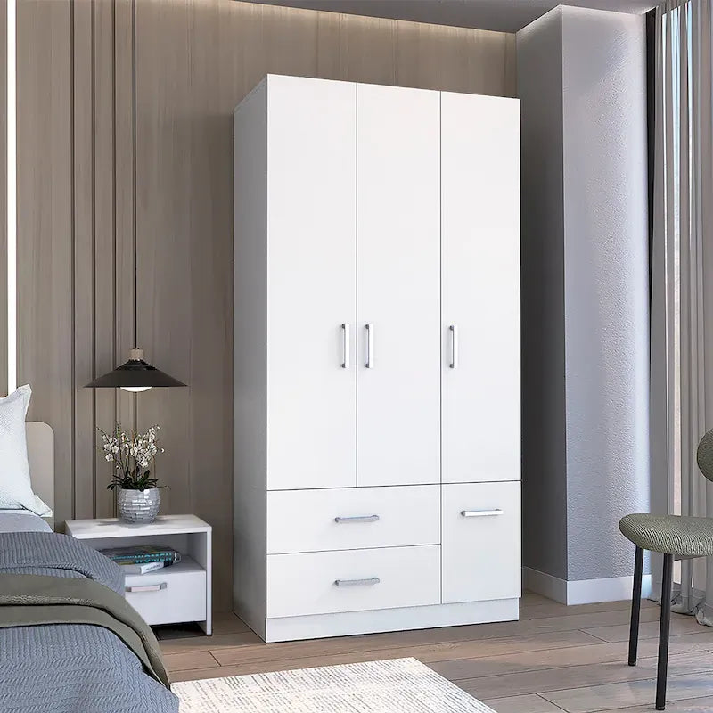 Armoire moderne quatre portes de 35,4 po avec 2 tiroirs, six étagères et tringle