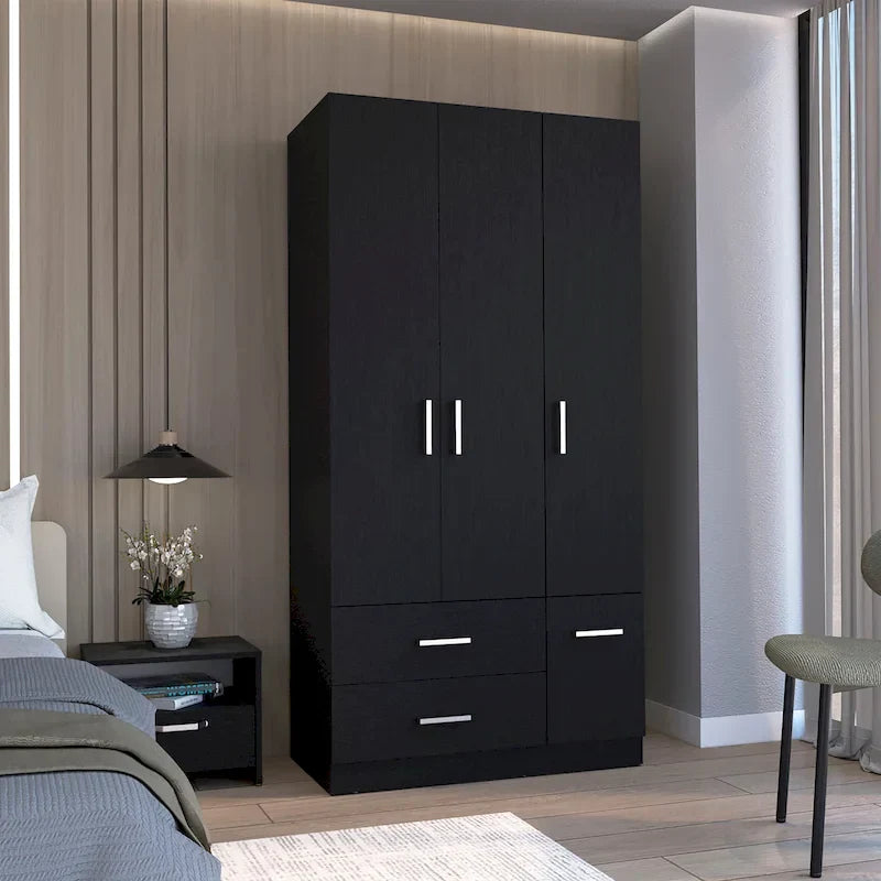 Armoire moderne quatre portes de 35,4 po avec 2 tiroirs, six étagères et tringle
