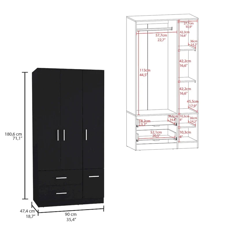 35.4 Armoire moderne à quatre portes avec 2 tiroirs, six étagères et une tringle de penderie