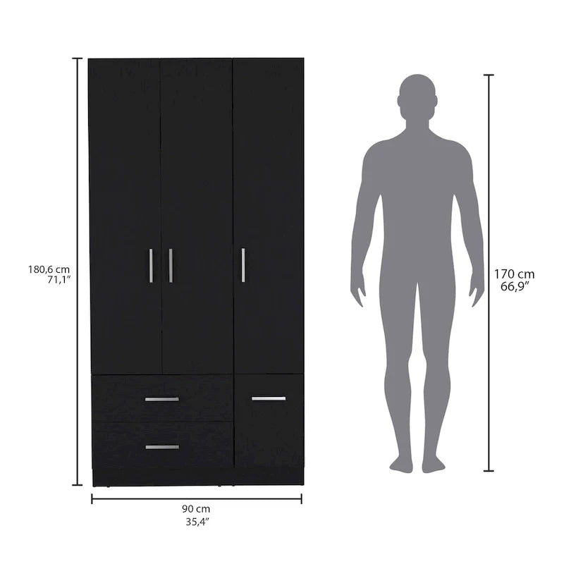35.4 Armoire moderne à quatre portes avec 2 tiroirs, six étagères et une tringle de penderie