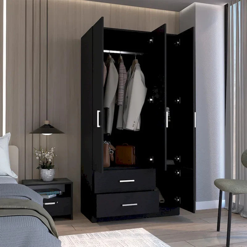 35.4 Armoire moderne à quatre portes avec 2 tiroirs, six étagères et une tringle de penderie