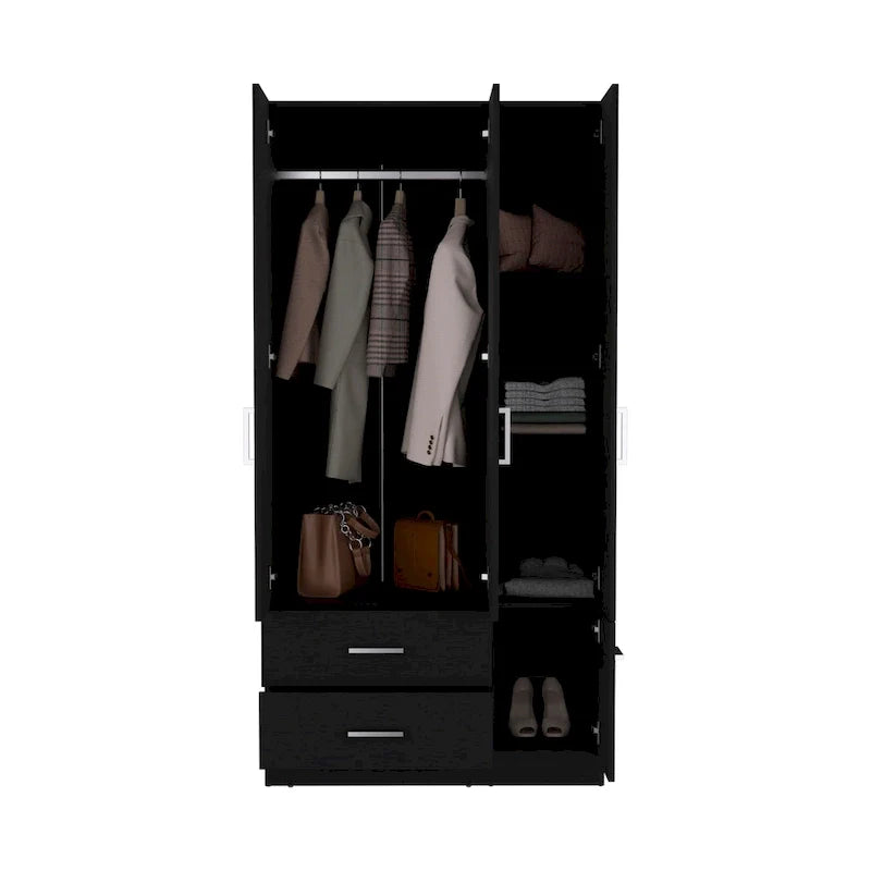 Armoire moderne quatre portes de 35,4 po avec 2 tiroirs, six étagères et tringle