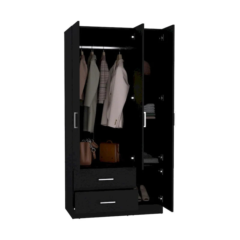 Armoire moderne quatre portes de 35,4 po avec 2 tiroirs, six étagères et tringle
