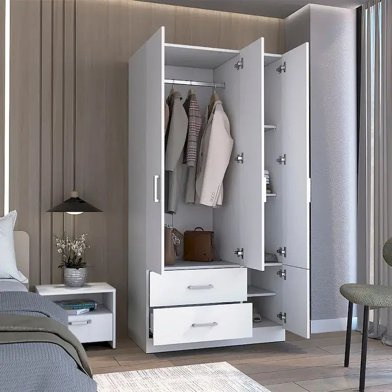 Armoire moderne quatre portes de 35,4 po avec 2 tiroirs, six étagères et tringle