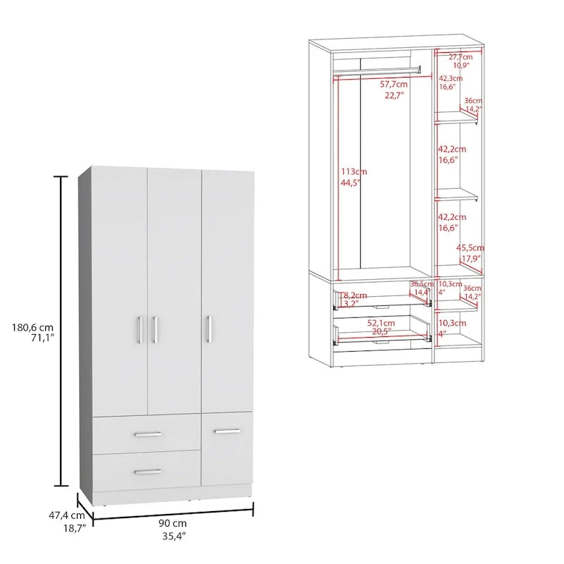 Armoire moderne quatre portes de 35,4 po avec 2 tiroirs, six étagères et tringle