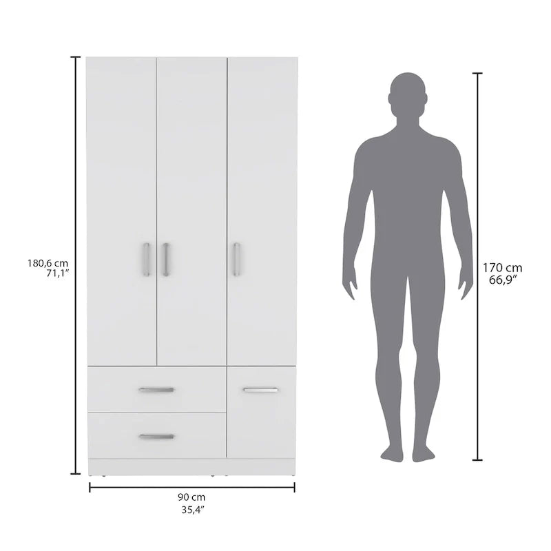Armoire moderne quatre portes de 35,4 po avec 2 tiroirs, six étagères et tringle