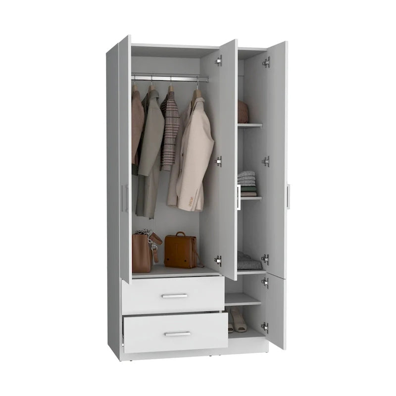 Armoire moderne quatre portes de 35,4 po avec 2 tiroirs, six étagères et tringle