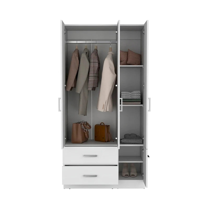 Armoire moderne quatre portes de 35,4 po avec 2 tiroirs, six étagères et tringle