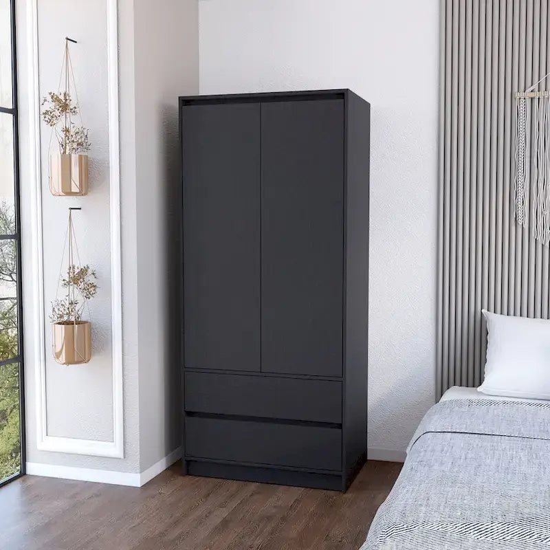 Armoire double porte moderne 20.47 avec tringle et deux tiroirs pour chambre