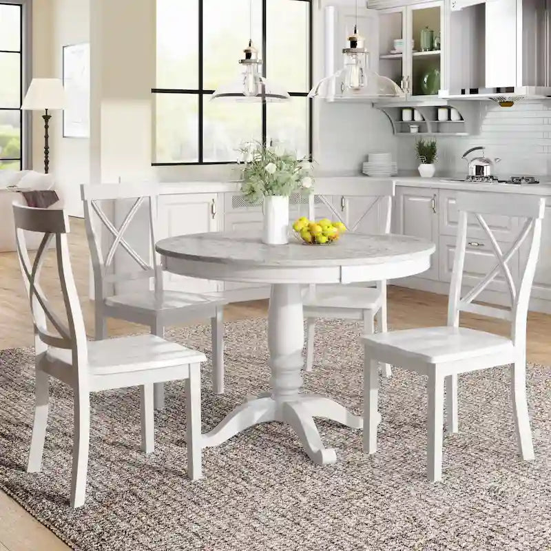 Ensemble de salle à manger 5 pièces en bois de style moderne avec table ronde et 4 chaises rembourrées