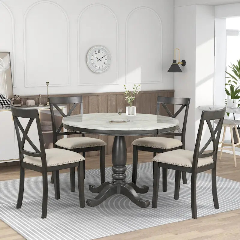 Ensemble de salle à manger 5 pièces en bois de style moderne avec table ronde et 4 chaises rembourrées