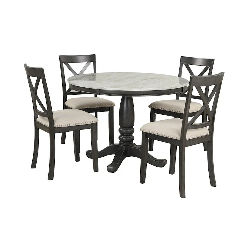Ensemble de salle à manger 5 pièces en bois de style moderne avec table ronde et 4 chaises rembourrées