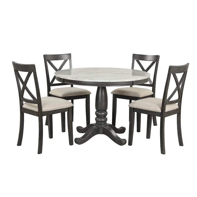 Ensemble de salle à manger 5 pièces en bois de style moderne avec table ronde et 4 chaises rembourrées