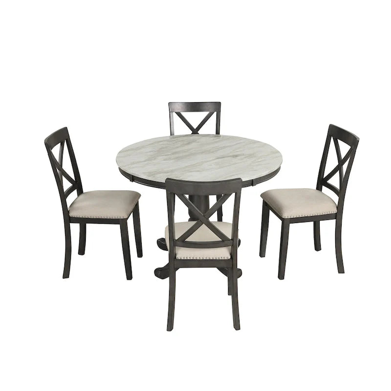 Ensemble de salle à manger 5 pièces en bois de style moderne avec table ronde et 4 chaises rembourrées