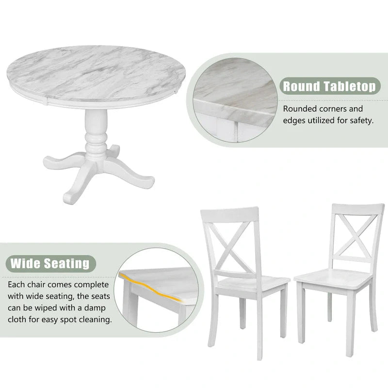 Ensemble de salle à manger 5 pièces en bois de style moderne avec table ronde et 4 chaises rembourrées