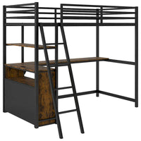 Lit mezzanine en métal et bois taille Twin noir avec bureau, tiroirs et USB