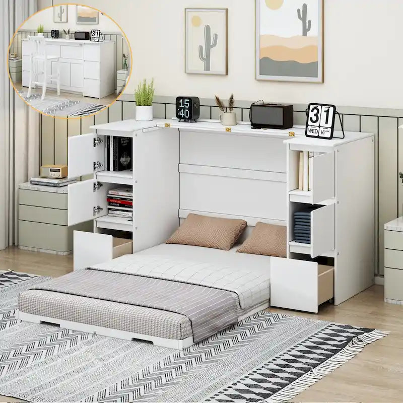 Lit escamotable avec tiroirs, placards et ports USB
