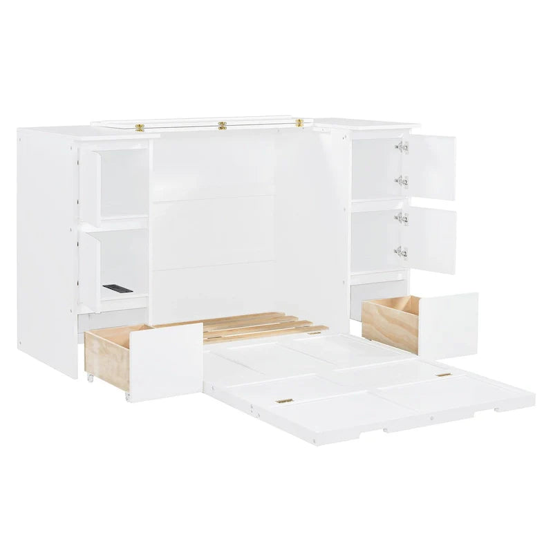 Lit escamotable avec tiroirs, placards et ports USB