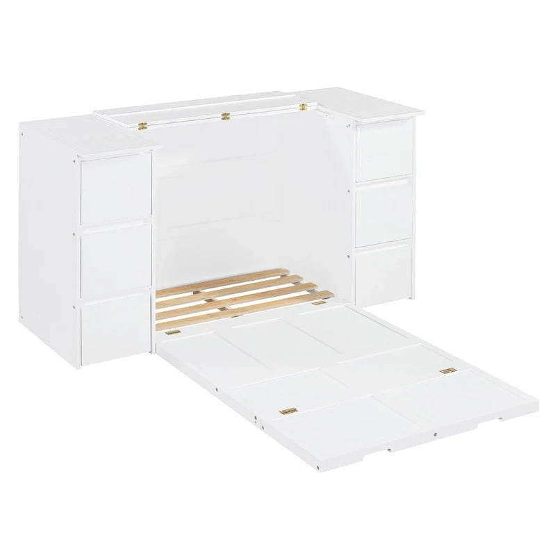 Lit escamotable avec tiroirs, placards et ports USB