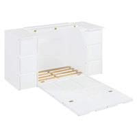 Lit escamotable avec tiroirs, placards et ports USB