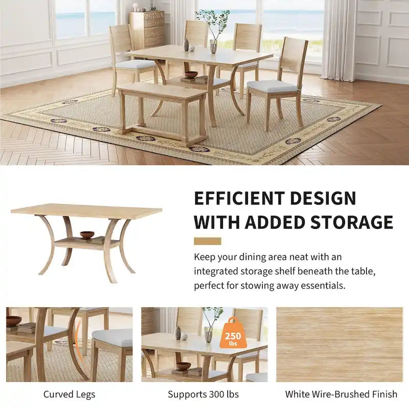 Ensemble de table à manger 6 pièces de style moderne avec 4 chaises à coussins amovibles, étagère de rangement et banc