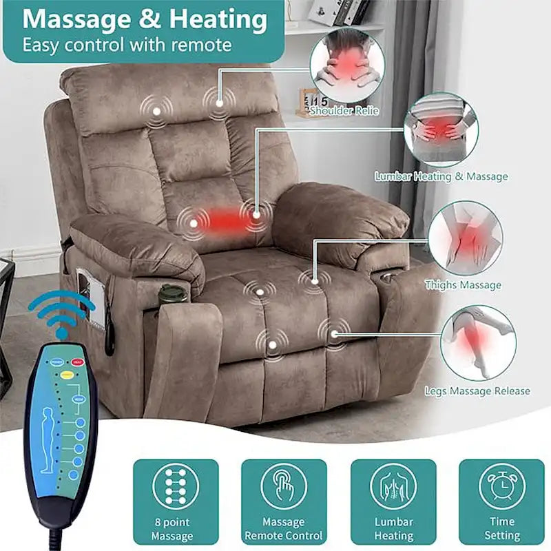 Grand fauteuil releveur massant électrique avec chauffage, porte-gobelet caché