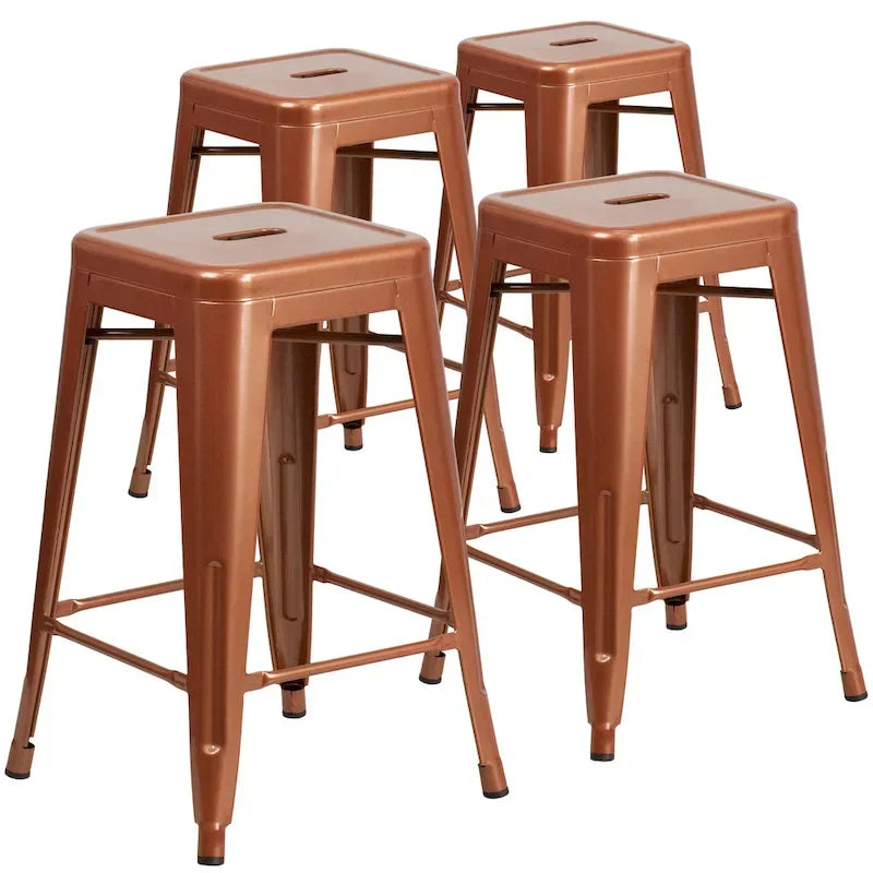 Lot de 4 tabourets hauteur comptoir d'intérieur-extérieur en métal sans dossier 24 H, avec assise carrée