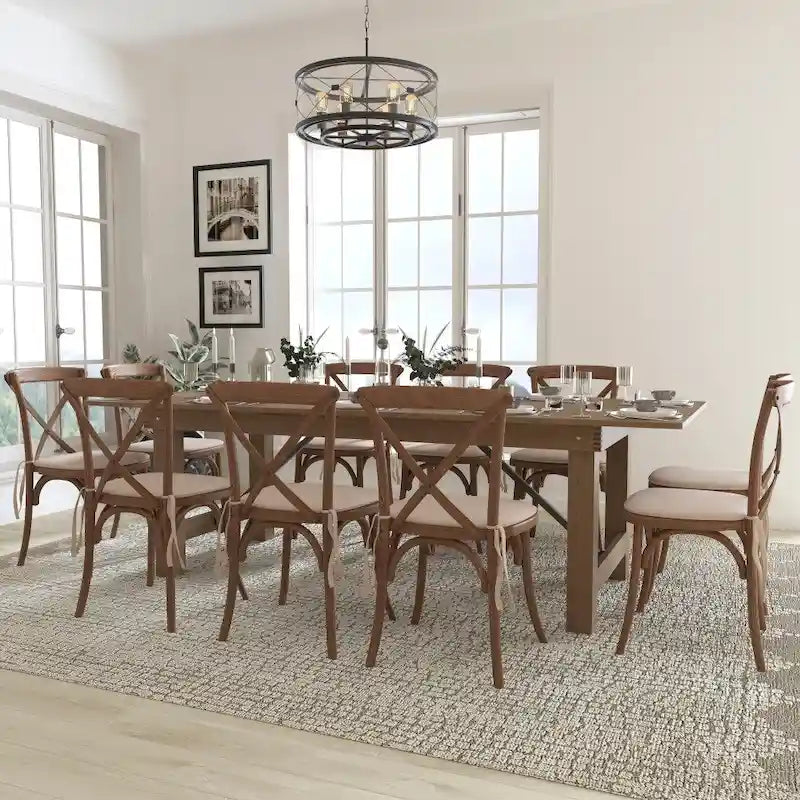 Ensemble de table de ferme pliante rustique 8' x 40 avec 10 chaises à dossier croisé et coussins