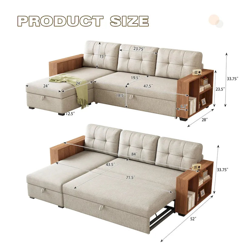 Canapé d'angle convertible avec lit escamotable et méridienne avec rangement caché