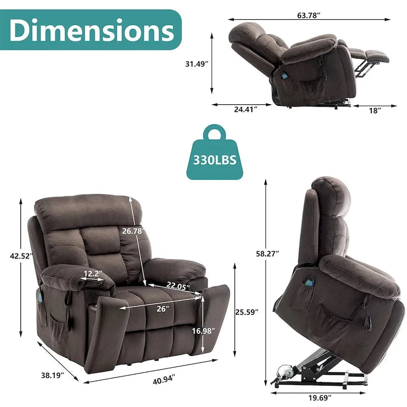 Grand fauteuil releveur massant électrique avec chauffage, porte-gobelet caché