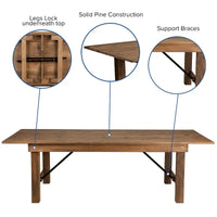 Ensemble de table de ferme pliante rustique 8' x 40 avec 10 chaises à dossier croisé et coussins