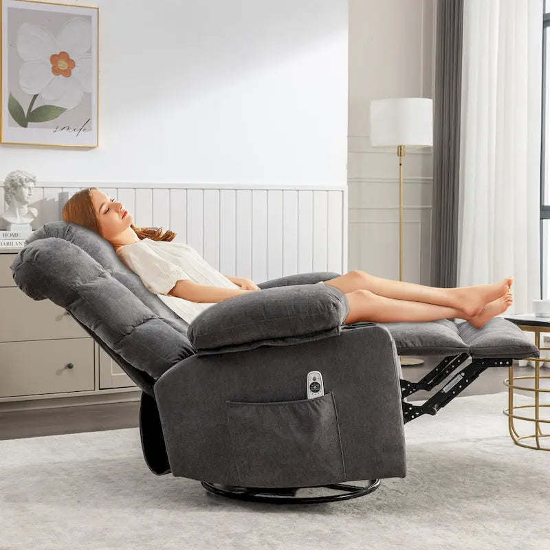 Fauteuil inclinable surdimensionné gris avec chauffage et massage, inclinaison 150, bascule 30, charge USB et 2 porte-gobelets