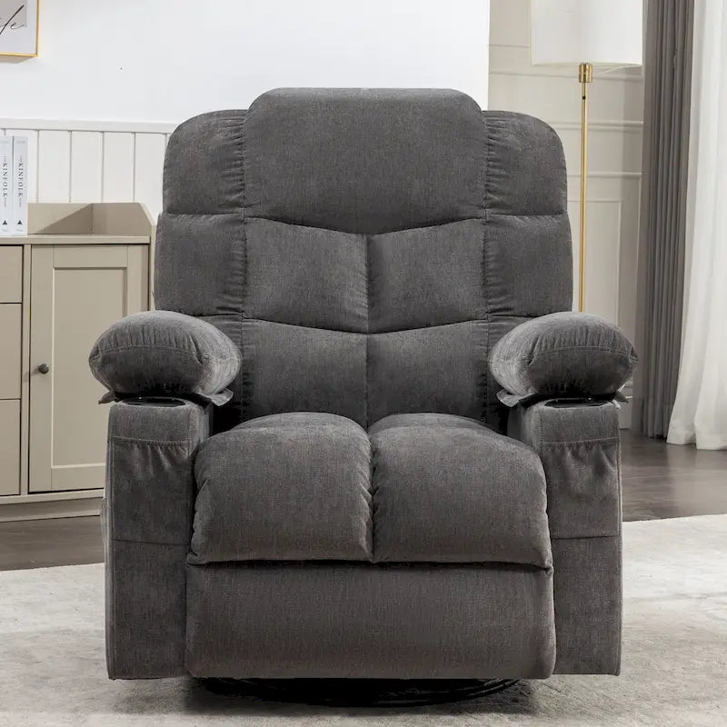 Fauteuil inclinable surdimensionné gris avec chauffage et massage, inclinaison 150, bascule 30, charge USB et 2 porte-gobelets