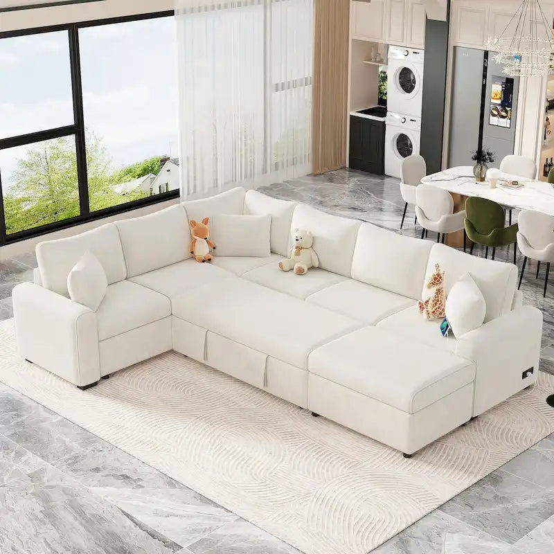 Canapé sectionnel en chenille avec canapé-lit escamotable, canapé-lit en forme de L avec ottoman de rangement, 3 coussins et prises de charge