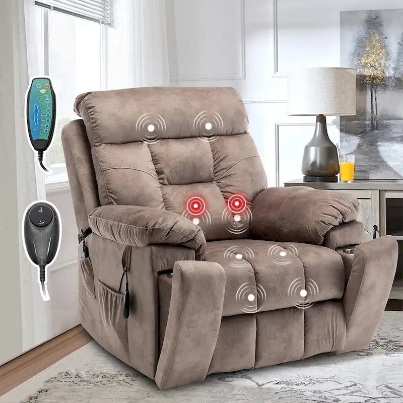 Grand fauteuil releveur massant électrique avec chauffage, porte-gobelet caché