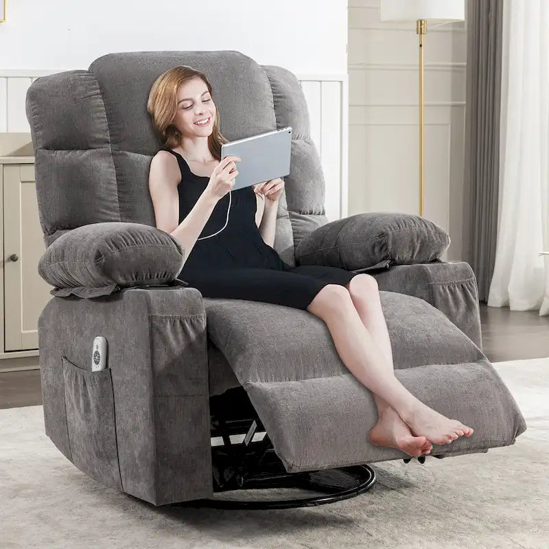 Fauteuil inclinable surdimensionné gris avec chauffage et massage, inclinaison 150, bascule 30, charge USB et 2 porte-gobelets