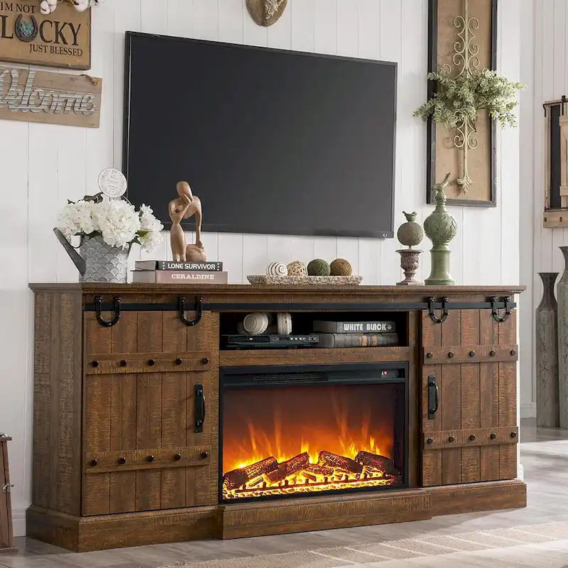 Meuble TV cheminée style ferme, meuble multimédia, console média