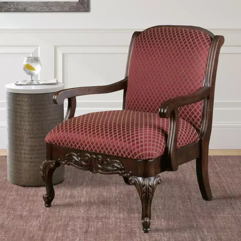 Comfort Pointe Safari Fauteuil magenta : bois dur massif, sculptures ornées à la main, revêtement jacquard moelleux