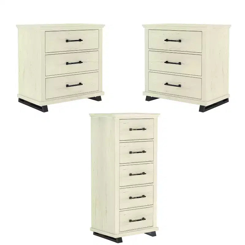 Festivo ensemble contemporain 3 pcs chiffonnier 5 tiroirs 24" et table de chevet 3 tiroirs blanc cassé scié : MDF, pieds métalliques, anti-basculement