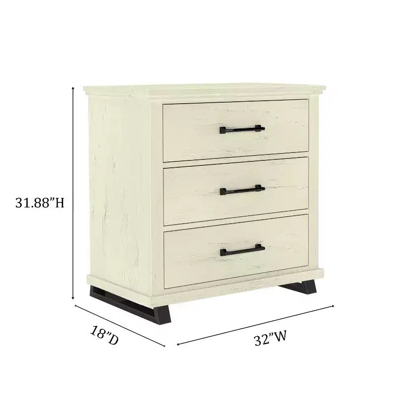 Festivo ensemble contemporain 3 pcs chiffonnier 5 tiroirs 24" et table de chevet 3 tiroirs blanc cassé scié : MDF, pieds métalliques, anti-basculement