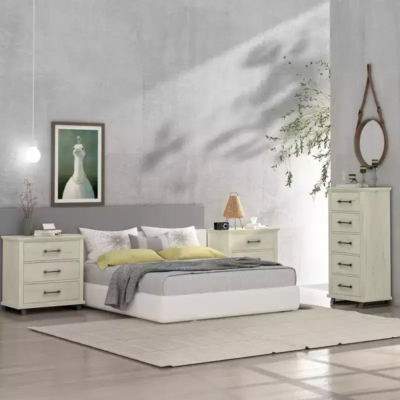 Festivo ensemble contemporain 3 pcs chiffonnier 5 tiroirs 24" et table de chevet 3 tiroirs blanc cassé scié : MDF, pieds métalliques, anti-basculement